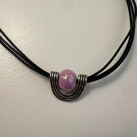 Purple and Silver Stone Black Chord Necklace - Picture 1 of 3
